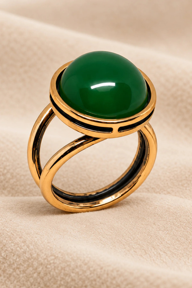 Women's Copper Ring Round Green Agate Natural Stone Adjustable Bohemian Copper Ring