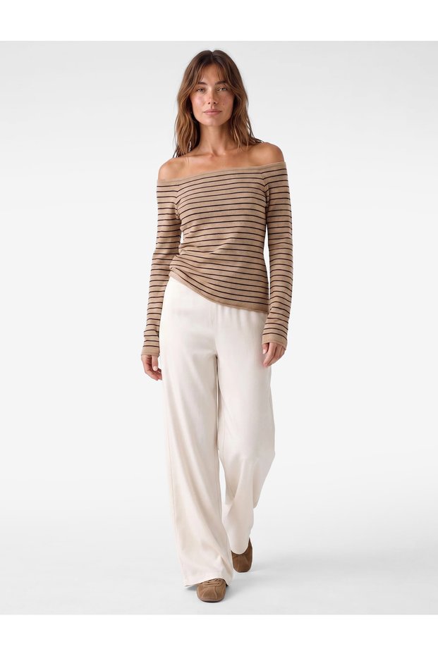 Long Sleeve Boat Neck Striped Off-The-Shoulder Knitwear Sweater