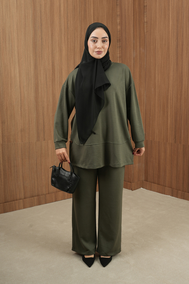 Women's Black Draped Two-Piece Set - Crew Neck Oversize Tunic Pantalon Hijab Set
