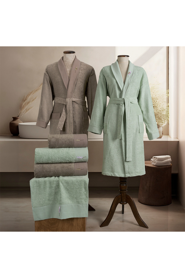 Layan bamboo embroidered family bathrobe set mint/beige m-l/l-xl (6 pieces)