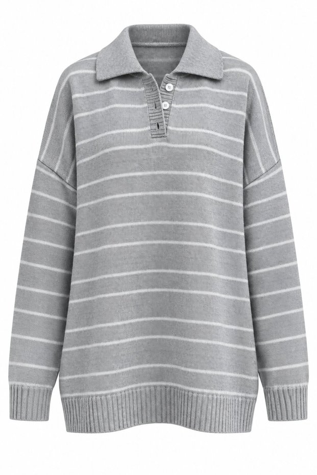 Gray White Striped Polo Collar Sweater - 2Y1510