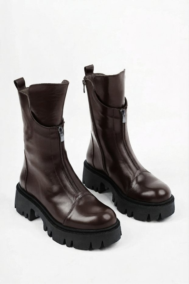 Genuine Leather Brown Serrated Platform Sole Leather Boots Trc-3004