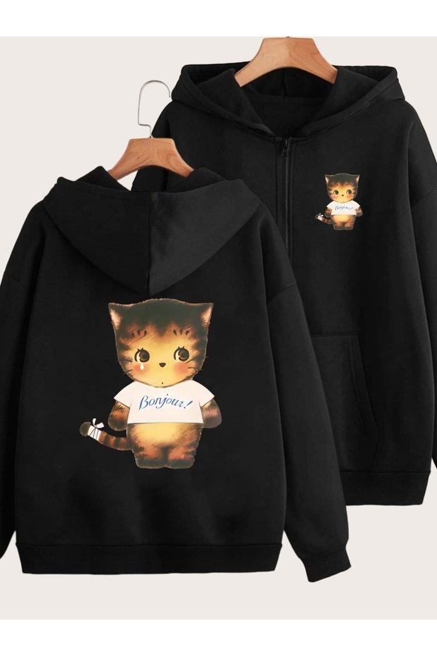 Unisex Black Bonjour Cat Printed Front and Back Zippered Sweatshirt Printed Premium Oversize T-Shirt