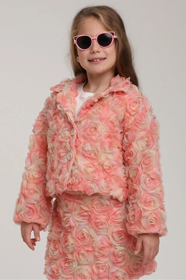 Girl's Skirt Set 3D Rose Flower Detailed Jacket Skirt Stylish 2-Piece Special Occasion Set