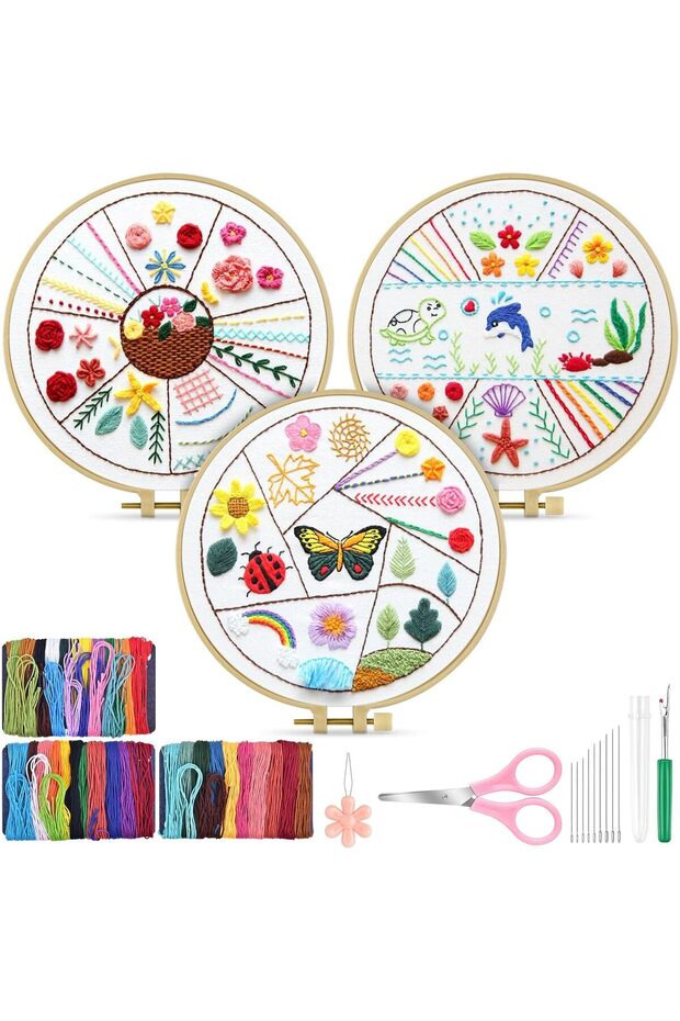Beginners Embroidery Stitch Practice kit, 3 Sets Animal Embroidery Kit for Beginners Include Embroid
