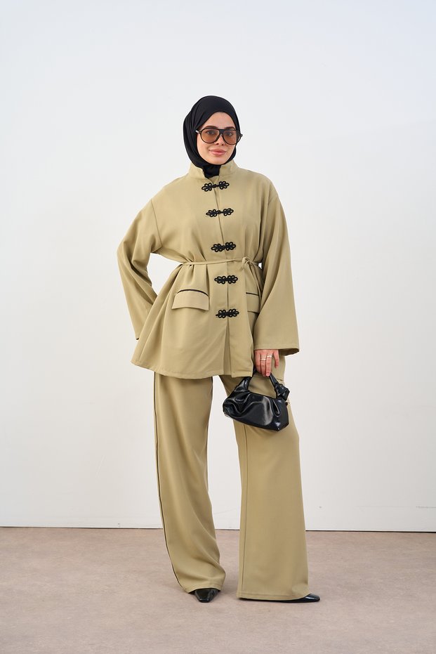 Women's Double Button Look Chinese Button Detail Waist Tie Suit Green