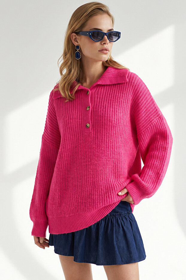 Women's Fuchsia Polo Collar Buttoned Soft Textured Knitwear Sweater Kzk-19001177