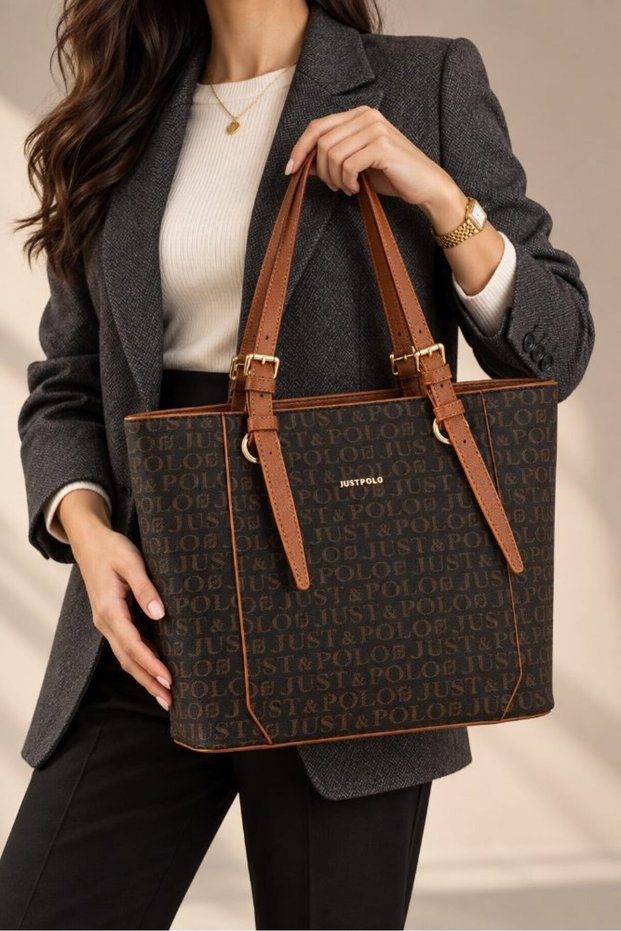 Women's Hand and Shoulder Bag with Logo, Zipper, Tote Buckle, Brown, Stylish Brown-Tan