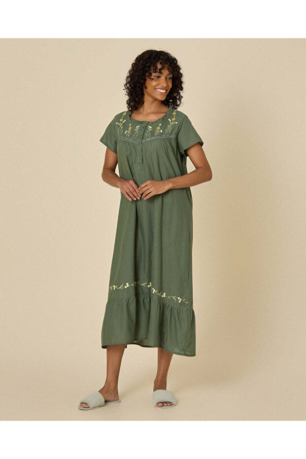 Women Green Embroidered Classic Nightgown