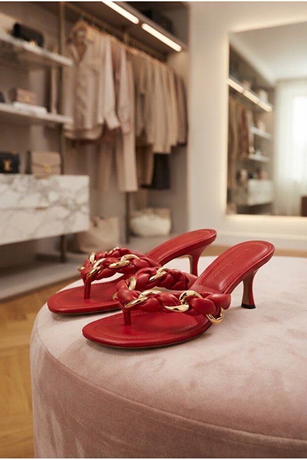Kate Women's Heeled Slippers with Chain and Knitted Band in Red Leather