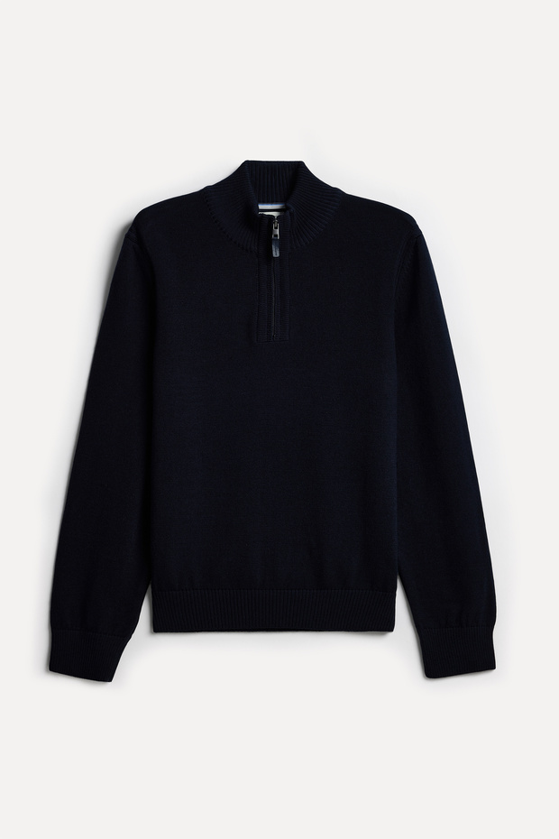 Men's Navy Blue Zippered High Collar Wool Blend Sweater