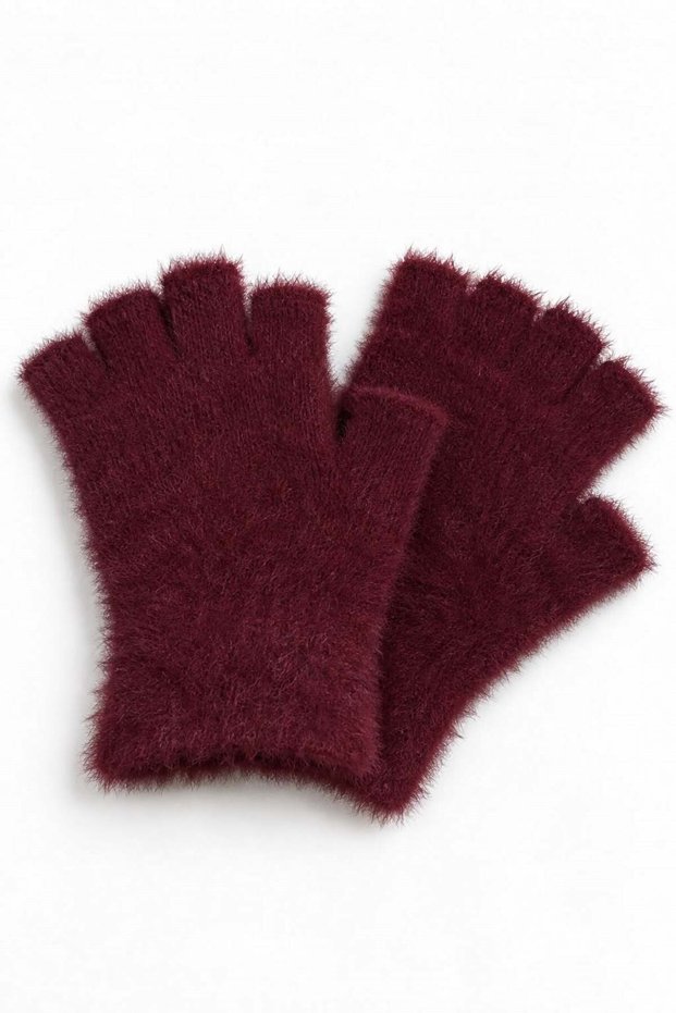 Burgundy Soft Plush Textured Flexible Knitted Half-Finger Cut-Out Detailed Functional Gloves