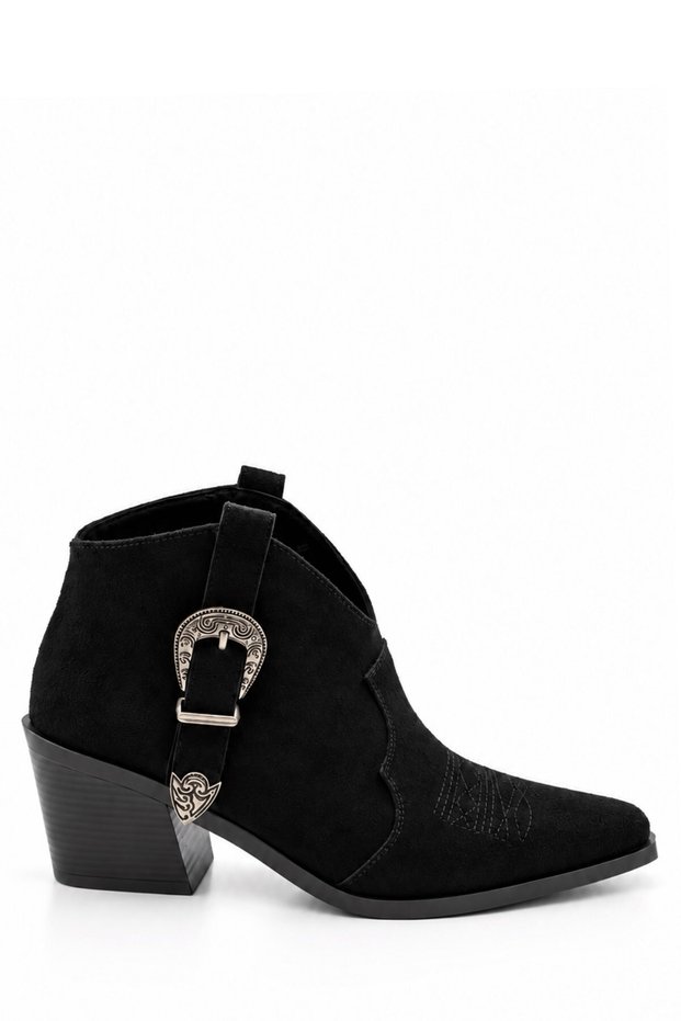 Phlox Women's Suede Black Cowboy Metal Buckle Embroidered Thick Heeled Short Boots 6.5 cm Heel