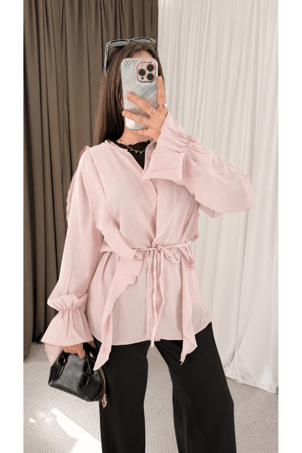 Ruffle Detailed Kimono - Hpm - Powder Pink
