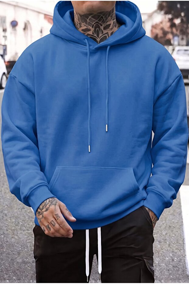 Men's blue plain hooded oversize 3 thread fleece loose fit hoodie sweatshirt