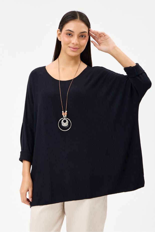 Women's Black Italian Collared Oversize Lycra Knitwear Sweater Size 40 - 48
