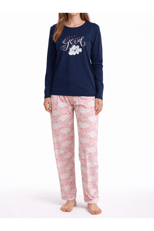 Cloud Pattern Long Sleeve Pajama Set - 2892 - Navy Blue & Dusty Pink