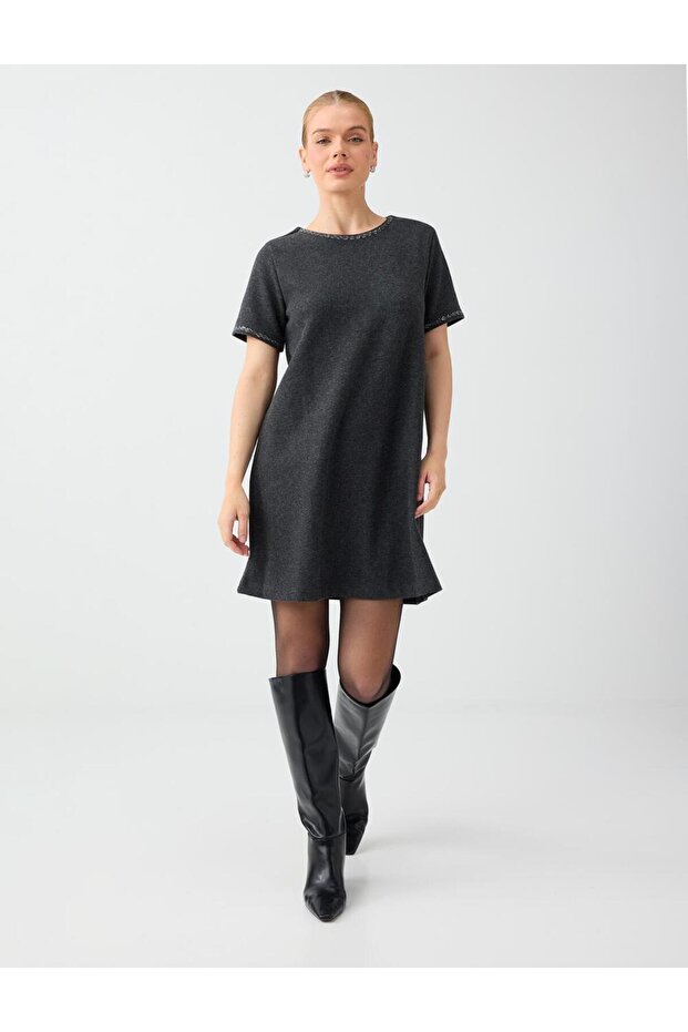 Anthracite Stone Detailed Short Sleeve Soft Touch Mini Dress