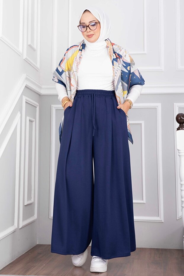 Pocketed Elastic Waist Skirt Trousers Navy Blue