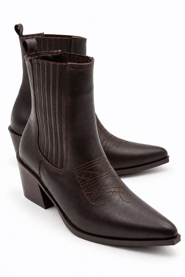 Peony Women's Brown Leather Country Western Style Pointed Toe Thick Block Heel Short Boots 6.5 cm Heel