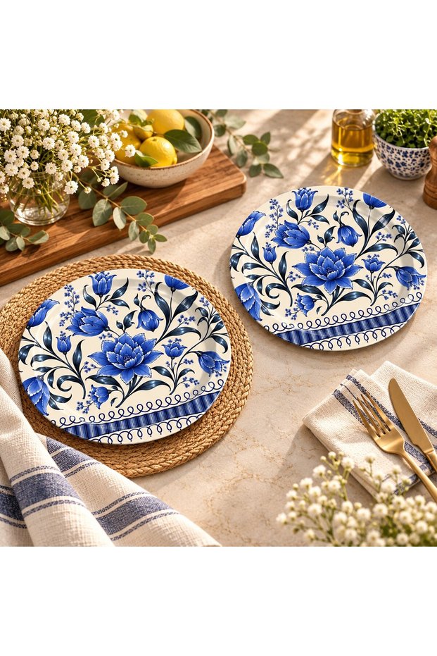 Blue 2-Piece 24 cm Tulip Patterned Serving Tray Set Orange Floral Decorative Presentation Tray