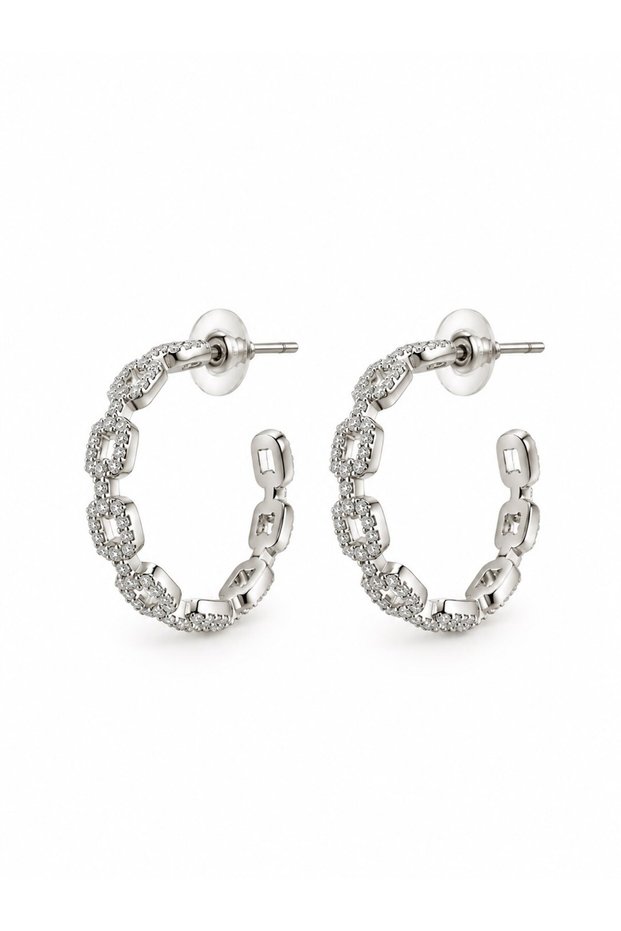 Oval Zircon Stone Silver Half Hoop Earrings