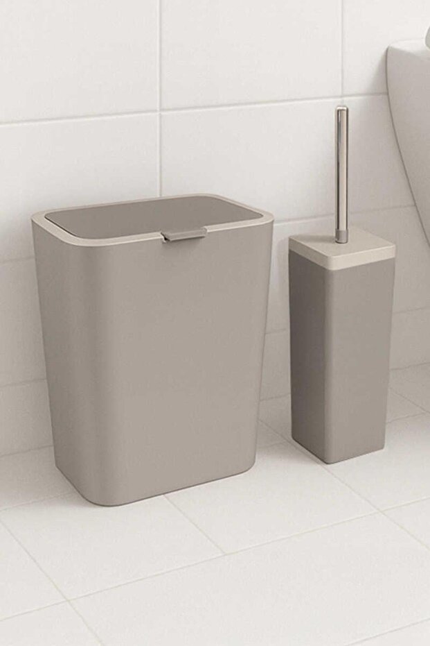 Flip 2-Piece Bathroom Set Trash Can Toilet Brush Dark Beige Color 6 Liters