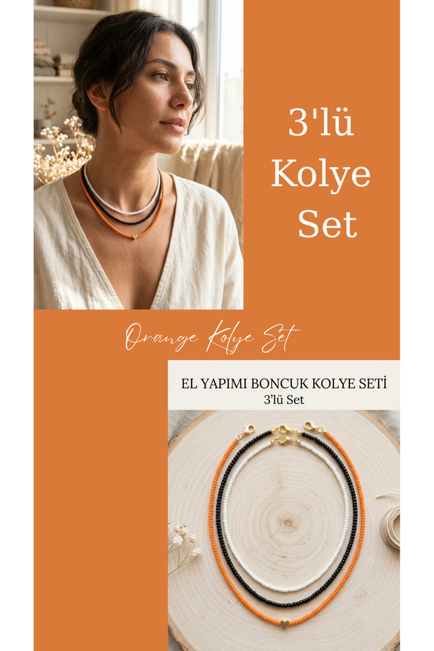 Orange 3-Piece Glass Gold Heart Detail Bead Necklace Set (Black, Orange, White)