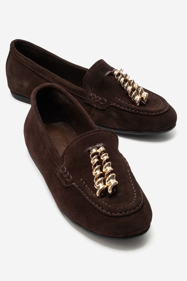 Nowell Brown Suede Genuine Leather Women's Loafer Shoes with Metal Bow