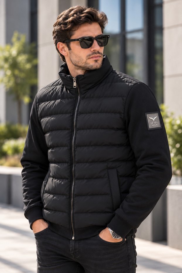 Men's Black Coat with Puffy Front Detail, Combed Cotton Inner Lining on the Sleeves and Back, and Inside Pockets