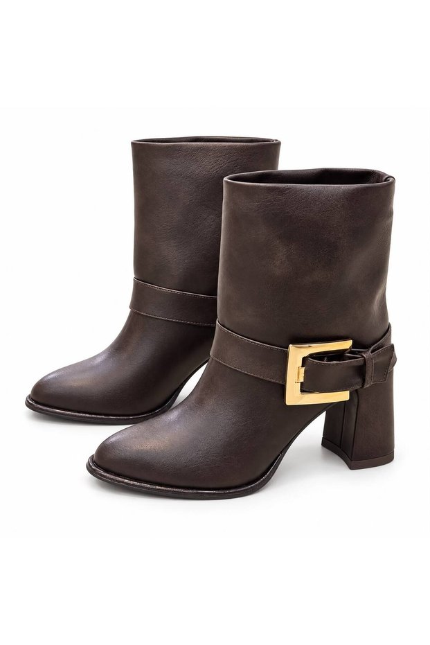 Women's Stylish Boots with Thick Heels and Square Buckle Detail