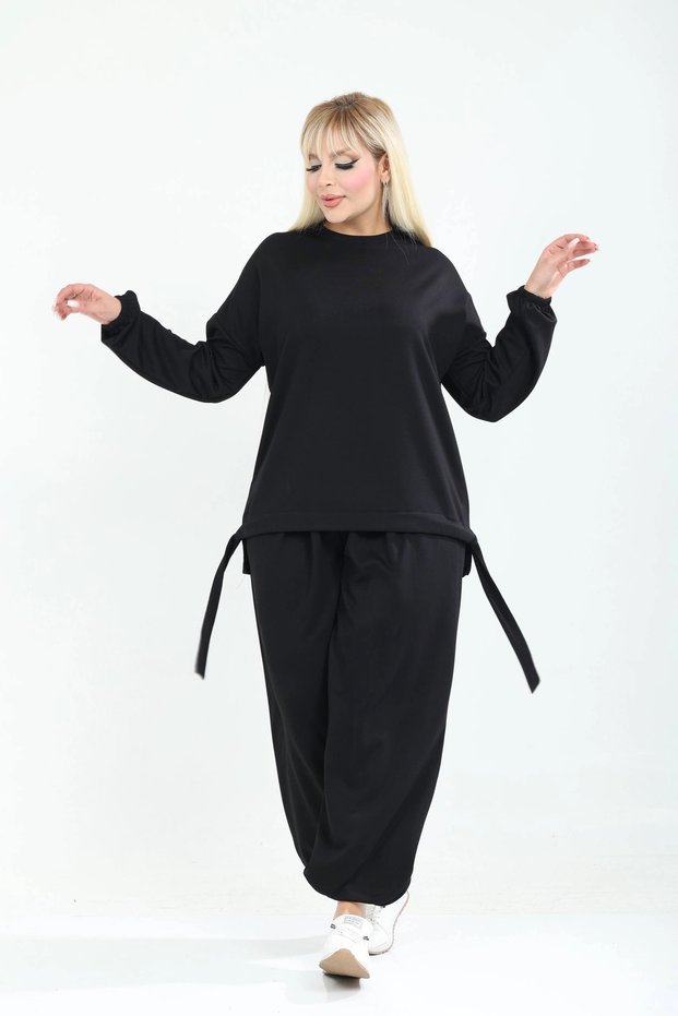 Plus Size Belted Pocketed Crew Neck High Waist Cuff Detailed Long Sleeve Set