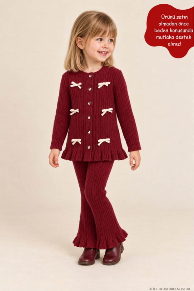 Girl's Bow Detailed Knitwear Cardigan & Ruffled Cuffs Trousers Combination Set