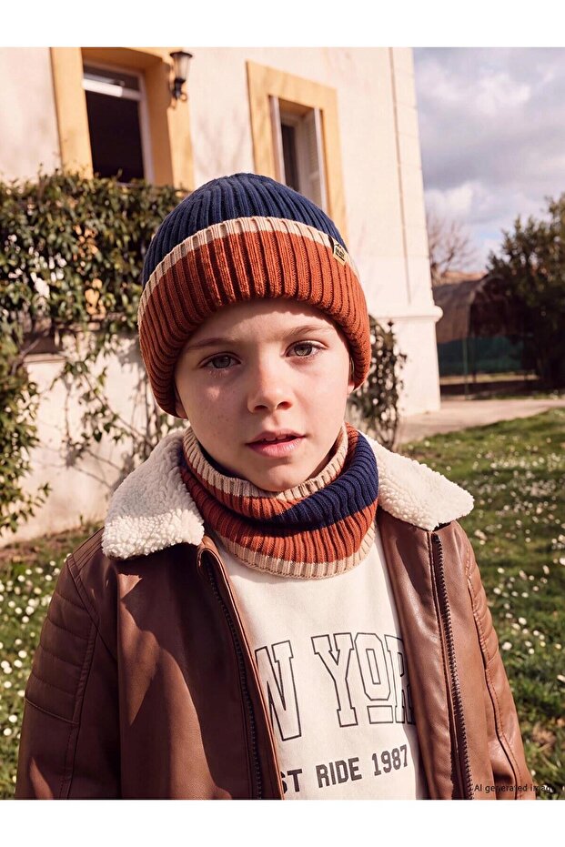 Color Blocked Boy's Beret and Neck Collar (W6)