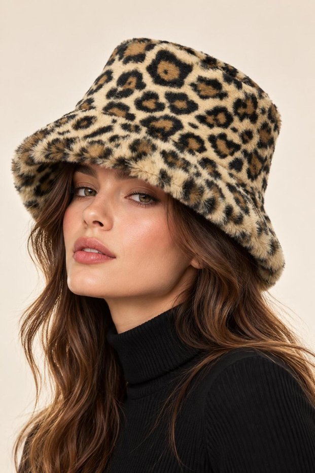 Leopard Pattern Plush Winter Soft Furry Bucket Hat, Winter Leopard Bucket Hat, Plush Hat