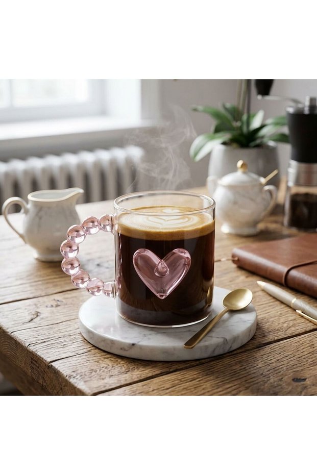 Heart-Shaped Transparent Glass Mug – Coffee and Tea Cup with Beaded Handle, Valentine's Day Gift Mug