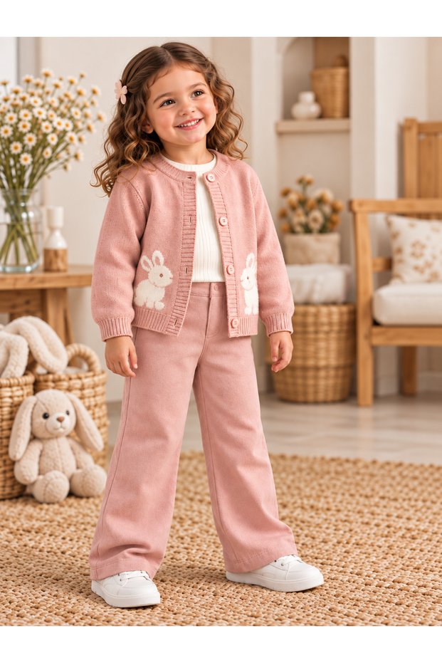 Kids, Girls, Powder Pink, Rabbit Patterned Knitwear Cardigan, Long Sleeve Top and Pocket Detailed Trousers 3-Piece Set