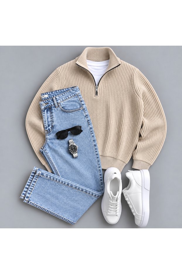 Knitted Sweater, Jeans, and T-Shirt 3-Piece Set Combination
