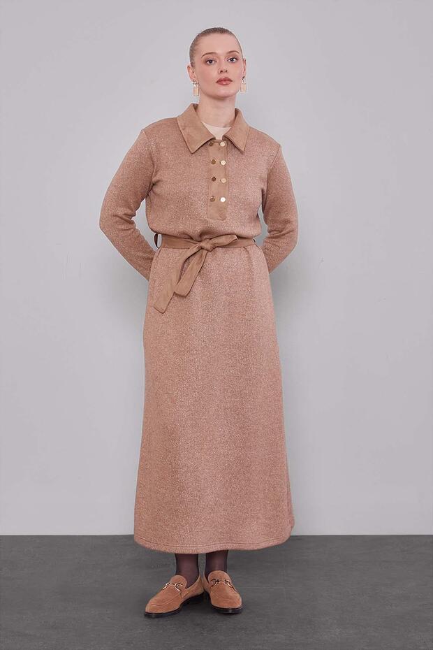Suede Garnished Cashmere Dress Camel