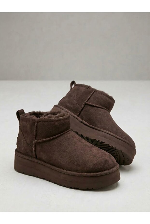 Women's Black Suede Winter Boots with Fur Inside and High Thick Platform Sole