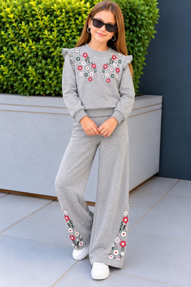 Crew Neck Long Sleeve Floral Embroidery Printed Gray Color Girls' Two-Piece Set