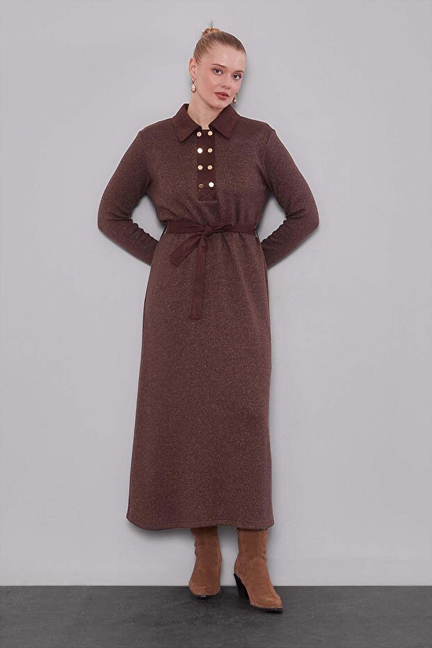 Suede Garnished Cashmere Dress Brown