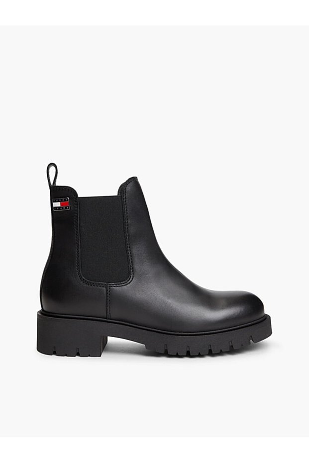 Women's Genuine Leather Black Boots & Booties with Elastic Sides, Serrated Soles, and Logo Plate