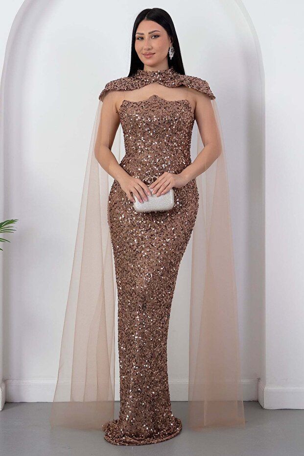 Strapless Neckline Sequined Evening Dress with Bolero Ecr5683