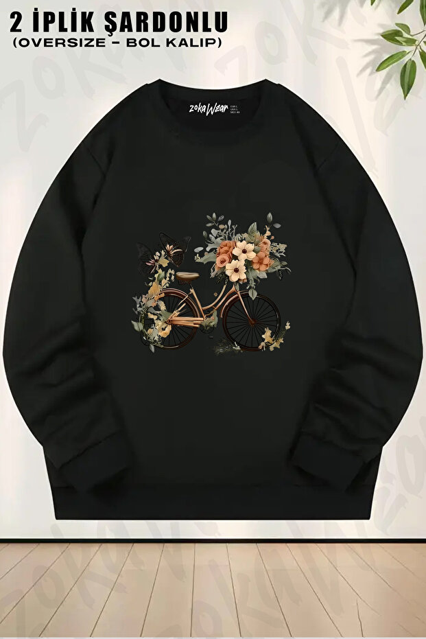 Bicycle Flower Printed Crew Neck Sweatshirt
