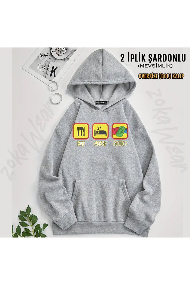 Space Lego Building Blocks Caricature Printed Hooded Sweatshirt