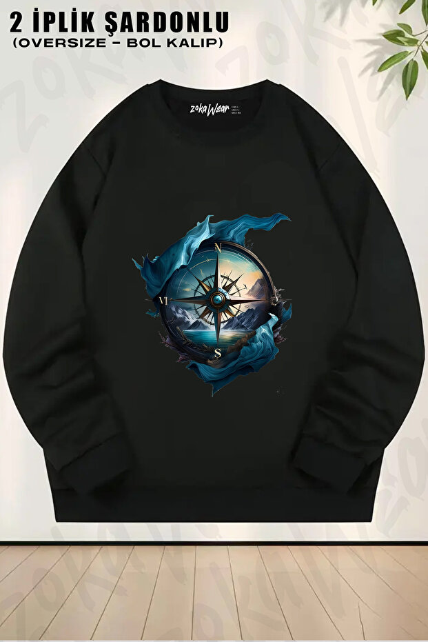 Colorful Landscape and Compass Printed Crew Neck Sweatshirt