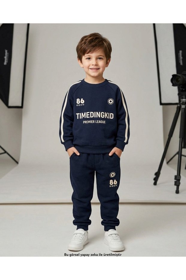 Boys' Winter 3-Strand Ribbed Double Layer Sweatshirt and Bottom Sweatpants Set for Ages 6-7-8-9-10-11-12-13-14