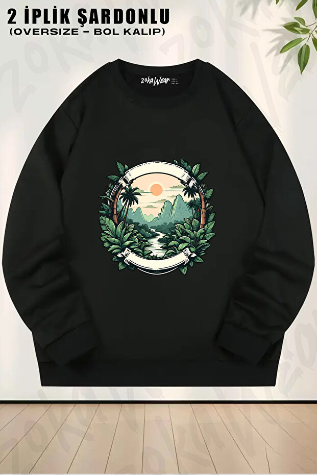 Tropical Forest and Mountain Scenery Hunting Printed Crew Neck Sweatshirt