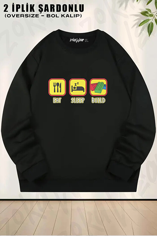 Space Lego Building Blocks Caricature Printed Crew Neck Sweatshirt